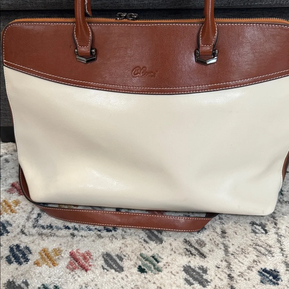 Cluci Leather Briefcase Tote Laptop Bag Brown Cream Work Satchel Structured